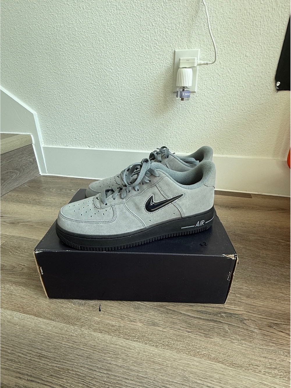 Nike Air Force 1 Low Grey Suede Sneakers with Black Sole and Swoosh, Men's Size